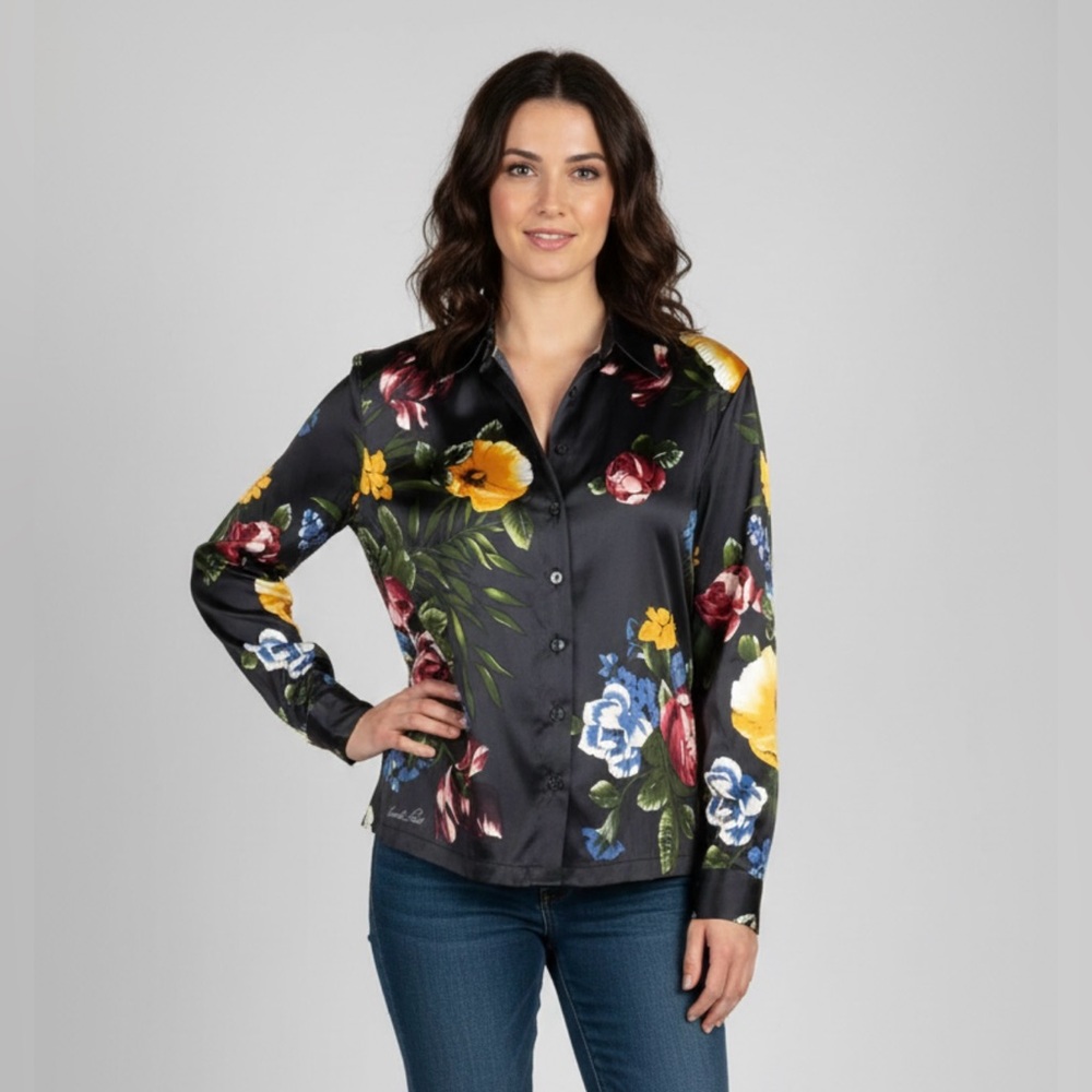 Vintage Renato Nucci Silk Blend Black Floral Button Up Made In France Size 40/ M